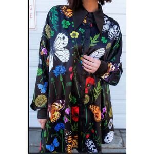 Dressed in Lala Blouse Posh Black Floral Oversize Satin Button-Up Shirt New 2XL